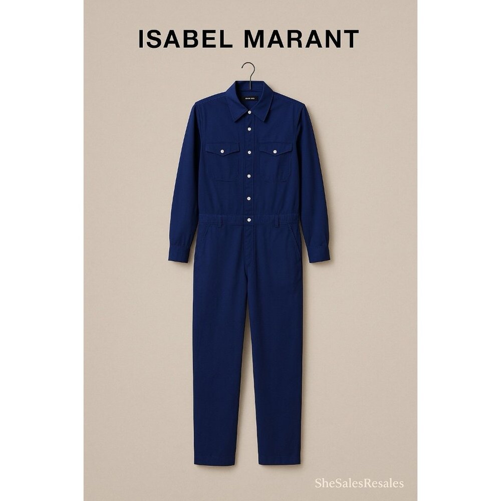Isabel Marant Indigo Lyocell Utility Jumpsuit Size 38 Button Front Belt Loops